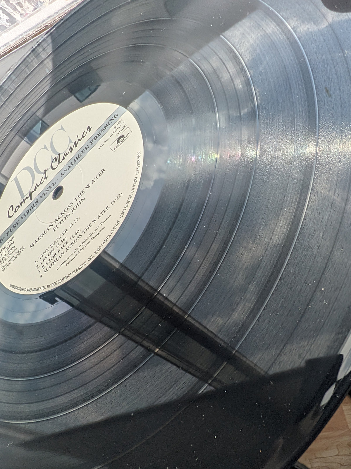 Elton John Madman Across The Water DCC 180g LP, vinyl side close-up in sunlight