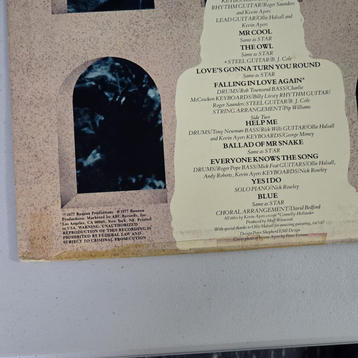 Kevin Ayers Yes We Have No Mananas 1977 ABC LP, back cover detail