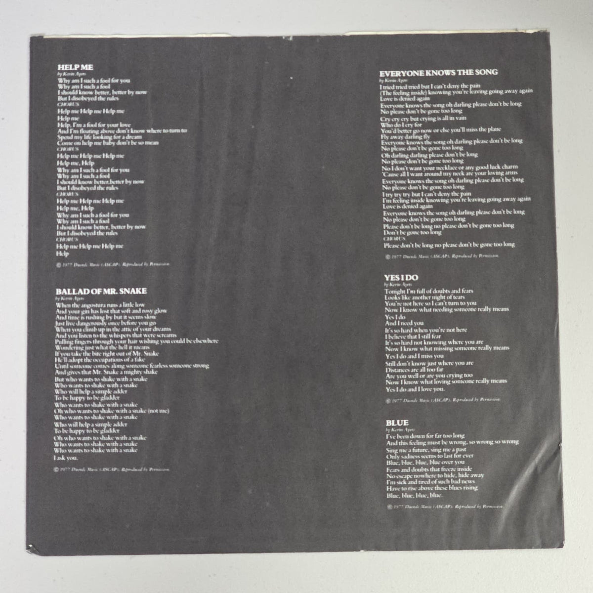 Kevin Ayers Yes We Have No Mananas 1977 ABC LP, lyric inner sleeve