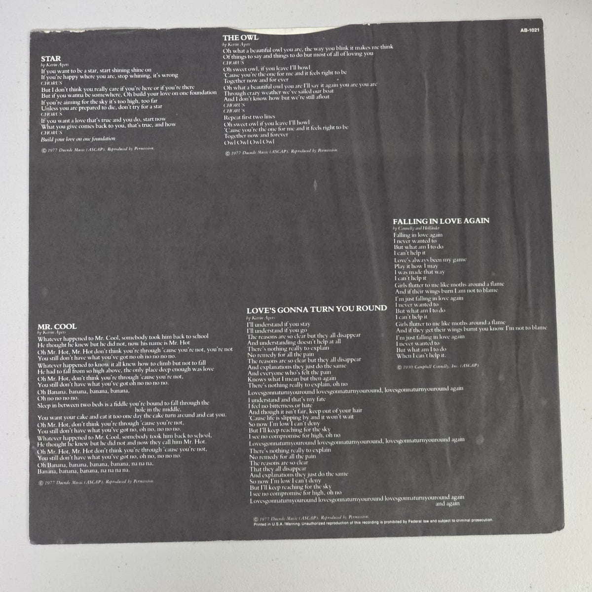 Kevin Ayers Yes We Have No Mananas 1977 ABC LP, lyric inner sleeve