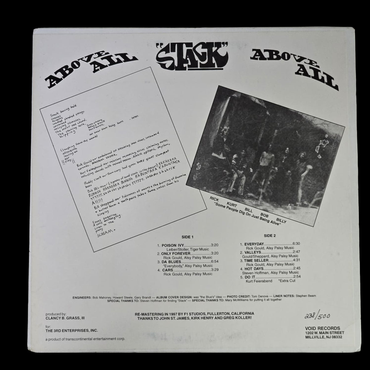 Stack Above All 1997 Void Records reissue LP, back cover