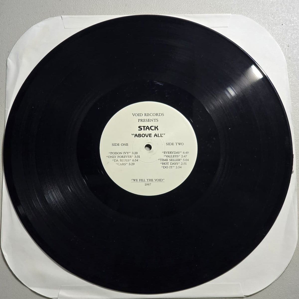 Stack Above All 1997 Void Records reissue LP, side 1 label